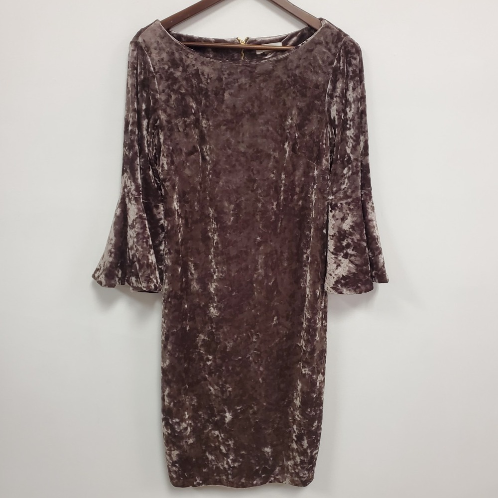 Calvin‎ Klein Womens Crushed Velvet Bell Sleeve Fairy Grunge Dress Size 12 Brown